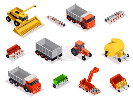 Illustration for Agrarian technics machines isomeric set with isolated parts of combine harvesters trucks loaders bulldozer and tractor vector illustration - Royalty Free Image