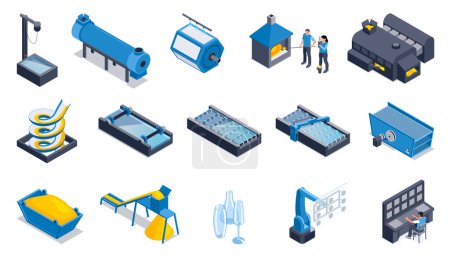 Illustration for Glass production isometric color set of equipment for fine cleaning sand filtration and washing wacuum lift isolated vector illustration - Royalty Free Image