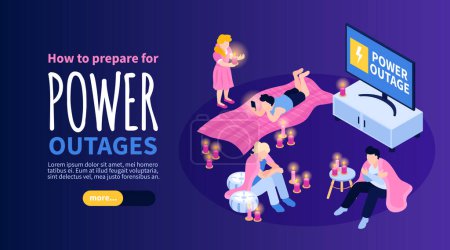 Isometric power outage horizontal banner with people holding flashlights candles and editable text with more button vector illustration