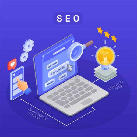 Ilustración de Seo search engine optimization isometric composition with isolated images of lamp bulb smartphone laptop and text vector illustration - Imagen libre de derechos
