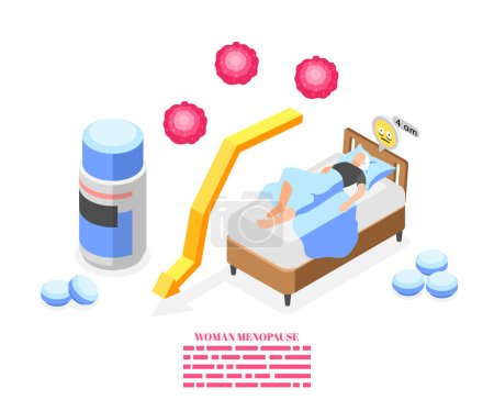 Illustration for Menopause symptoms composition with pills and woman suffering from insomnia isometric vector illustration - Royalty Free Image