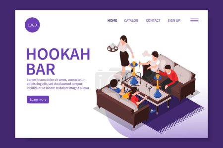Illustration for Hookah bar isometric landing page with catalog contact sign up menu options vector illustration - Royalty Free Image