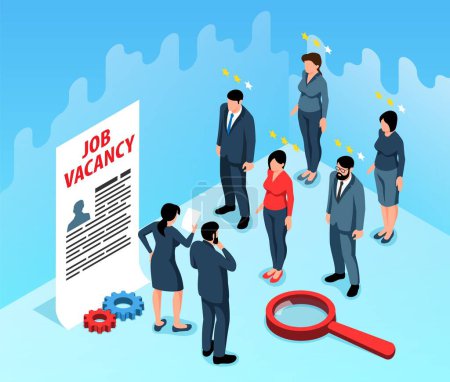 Isometrischer Hintergrund der Stellenausschreibung mit Bewerbern und Arbeitgebern, die in die Vektor-Darstellung des Lebenslaufblatts schauen