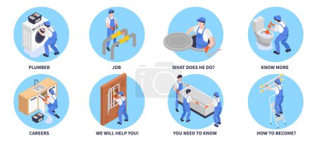 Illustration for Plumber round set with career and help symbols isometric isolated vector illustration - Royalty Free Image
