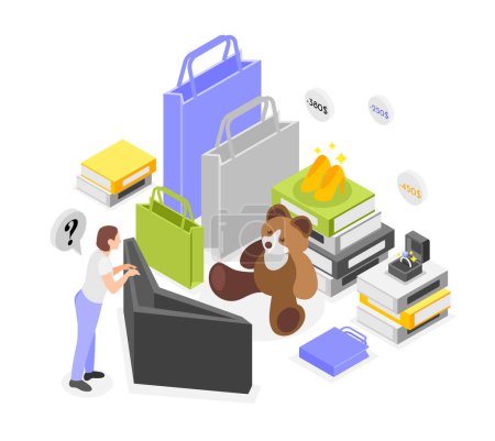 Illustration for Excess spending isometric composition with female character looking into empty wallet and purchases with price icons vector illustration - Royalty Free Image