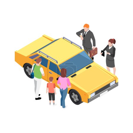 Ilustración de Carsharing carpooling ridesharing isometric composition with conceptual icons and human characters vector illustration - Imagen libre de derechos