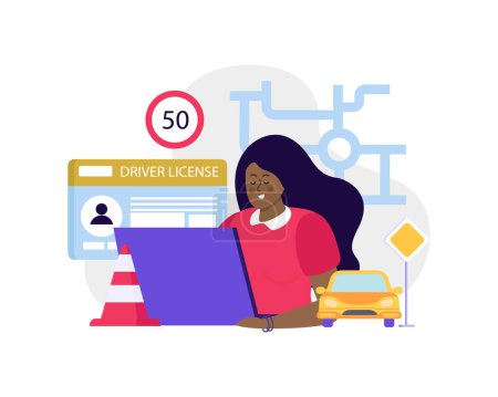 Illustration for Driving school flat background girl is studying remotely through a laptop at driving school vector illustration - Royalty Free Image