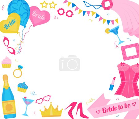 Illustration for Bachelorette and hen party frame with engagement symbols flat vector illustration - Royalty Free Image