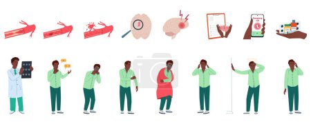 Téléchargez les illustrations : Symptômes d'accident vasculaire cérébral réglés à plat isolé sur fond blanc illustration vectorielle - en licence libre de droit