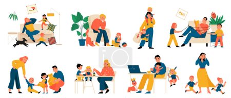 Flat stressed parenting set with exhausted mothers and fathers during daily routine with naughty kids isolated vector illustration