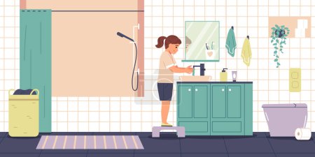 Illustration for Daily hygiene routine flat concept with girl washing hands in bathroom vector illustration - Royalty Free Image