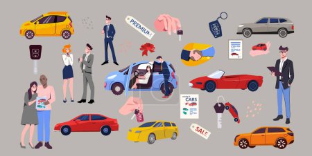 Ilustración de Conjunto plano de distribuidores de automóviles sonrientes nuevas llaves de automóviles y clientes felices aislados en la ilustración vectorial de fondo gris - Imagen libre de derechos