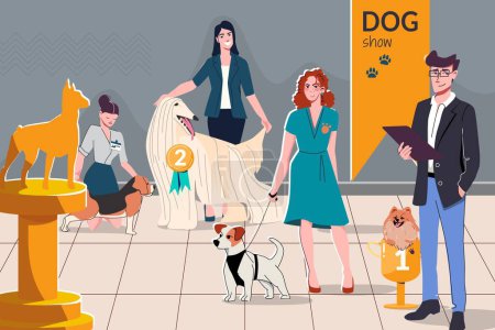 Illustration for Dog show participants and winners with their masters and judges flat vector illustration - Royalty Free Image