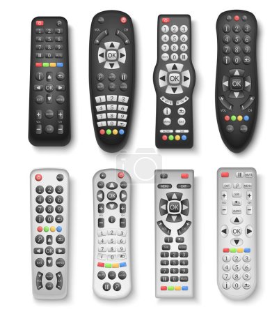 Controladores remotos de televisión negro y plateado de diferentes modelos realista conjunto ilustración vectorial aislado