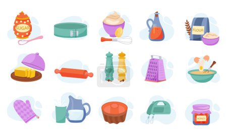 Illustration for Home baking flat icons set with food ingredients spices mixer grater utensil isolated vector illustration - Royalty Free Image