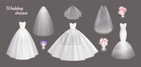 Realistic set of white wedding dresses and accessories for brides isolated on grey background vector illustration