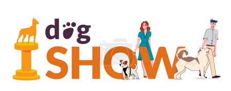 Illustration for Dog show flat text with people and their pets on white background vector illustration - Royalty Free Image