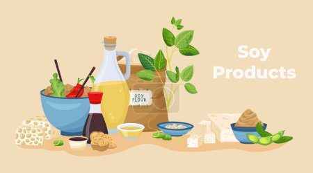 Illustration for Soy products flat advertising composition of editable text and soy flour sacks served dishes and spices vector illustration - Royalty Free Image