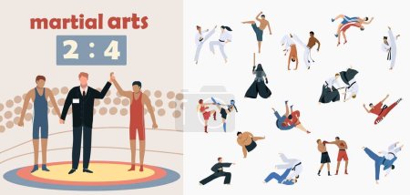 Illustration for Martial arts composition with practice and match symbols flat isolated vector illustration - Royalty Free Image