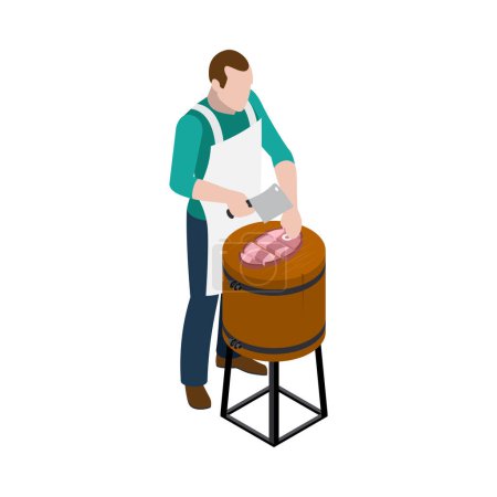 Illustration for Isometric butcher chopping meat with cleaver 3d vector illustration - Royalty Free Image