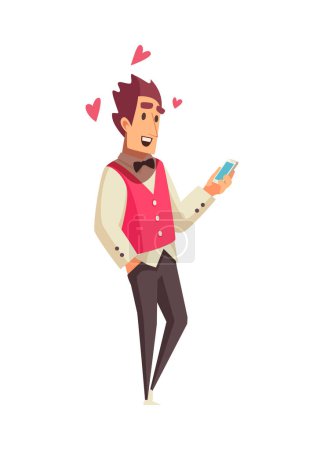 Téléchargez les illustrations : Icône d'amour virtuel avec homme heureux bavarder avec la femme sur Internet illustration vectorielle plat - en licence libre de droit