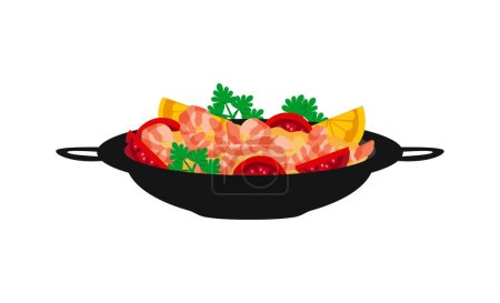 Téléchargez les illustrations : Paella espagnole en wok vue de côté illustration vectorielle plate - en licence libre de droit