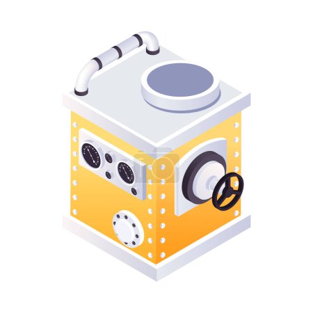 Illustration for Yellow steampunk machine with faucet pipe and gauges 3d isometric icon vector illustration - Royalty Free Image