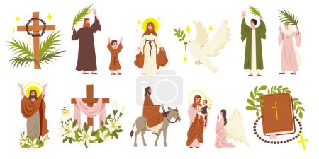 Ilustración de Iconos planos de Pascua con Jesucristo y Virgen María personajes ilustración vectorial aislado - Imagen libre de derechos