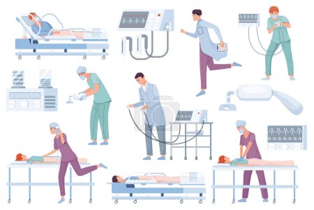 Illustration for Set with isolated resuscitation intensive care flat icons of operating suite equipment lying patients and doctors vector illustration - Royalty Free Image
