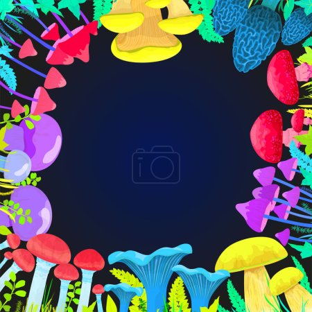 Téléchargez les photos : Cadre magique de champignons lumineux avec des symboles de flore illustration vectorielle plate - en image libre de droit