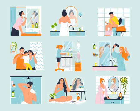 Illustration for Daily hygiene routine icons set with people in bathroom isolated vector illustration - Royalty Free Image