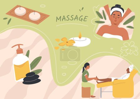 Illustration for Types of massage flat composition with collage of candle icons oil flask and doodle human characters vector illustration - Royalty Free Image