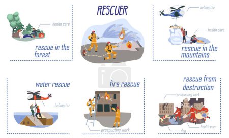 Rescuer infographic set with destruction and healthcare symbols flat vector illustration
