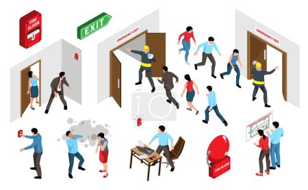 Illustration for Isometric evacuation alarm icons set with rescue team isolated vector illustration - Royalty Free Image