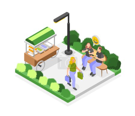 Illustration for Happy overweight people walking in park eating ice cream and chatting isometric 3d vector illustration - Royalty Free Image