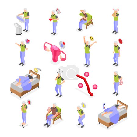 Illustration for Women menopause symptoms isometric set with female characters suffering from insomnia frequent urination pain changes in mood isolated vector illustration - Royalty Free Image