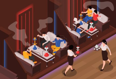 Illustration for Hookah bar isometric background with friends sitting at tables in restaurant with food and hookah service vector illustration - Royalty Free Image
