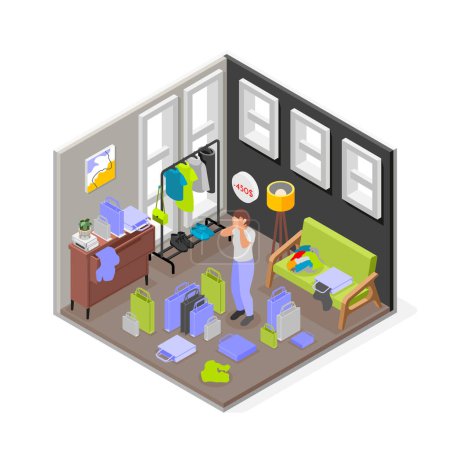 Illustration for Excess spending isometric composition with isolated view of living room with woman clutching head among purchases vector illustration - Royalty Free Image