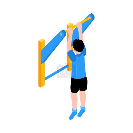 Illustration for Isometric children sport equipment for home or school icon with boy doing pull ups on bar vector illustration - Royalty Free Image
