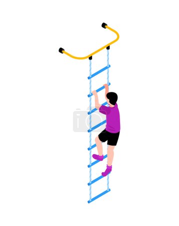 Isometric sport equipment for children icon with boy climbing rope ladder vector illustration