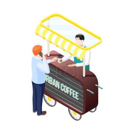 Illustration for Man buying cup of coffee at stall with male vendor 3d isometric vector illustration - Royalty Free Image