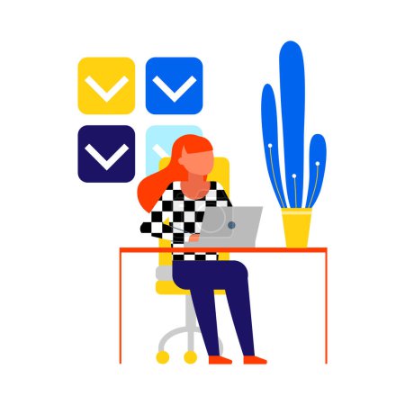 Illustration for Time management flat icon with female office worker planning her schedule vector illustration - Royalty Free Image