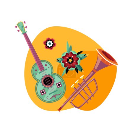 Ilustración de Día muerto composición plana día de fiesta mexicana con instrumentos musicales tradicionales y flores vector ilustración - Imagen libre de derechos