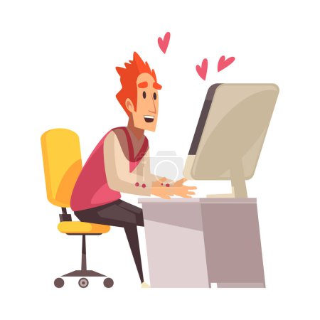 Ilustración de Amor virtual citas icono plano del sitio web con el hombre feliz comunicarse con la mujer en la ilustración del vector de ordenador - Imagen libre de derechos