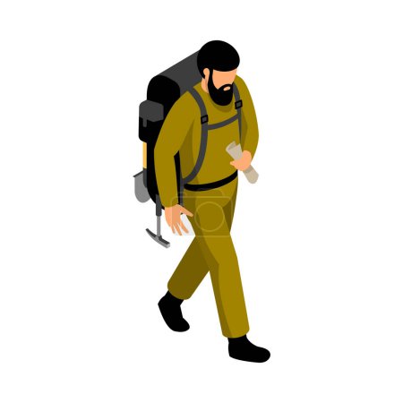 Illustration for Isometric male human character of geologist walking with backpack and map during expedition 3d vector illustration - Royalty Free Image