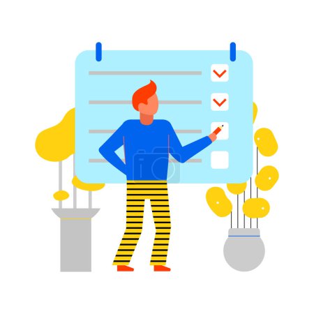 Illustration for Time management flat icon with man planning his working schedule vector illustration - Royalty Free Image
