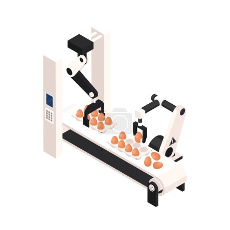 Smart farm isometric icon with automatic conveyor line and robotics arms packing eggs 3d vector illustration