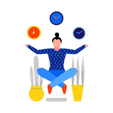 Zeitmanagement Planung Ihres Zeitplans Balance flaches Symbol mit meditierenden weiblichen menschlichen Charakter Vektor Illustration