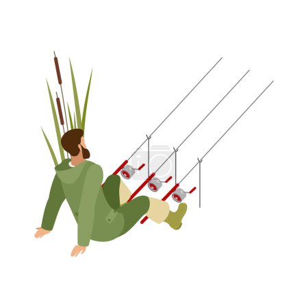 Illustration for Isometric fisherman fishing with three spinnings back view 3d vector illustration - Royalty Free Image