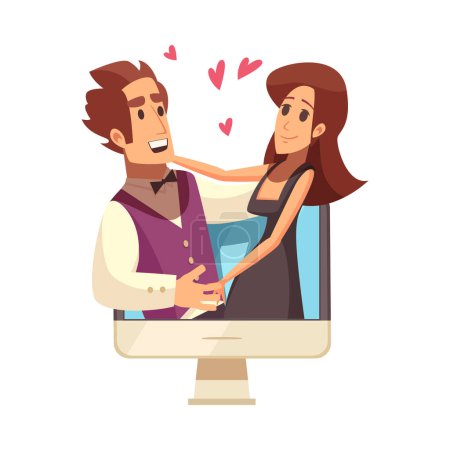 Ilustración de Amor virtual citas sitio web aplicación icono plano con el hombre amante feliz y la mujer vector ilustración - Imagen libre de derechos